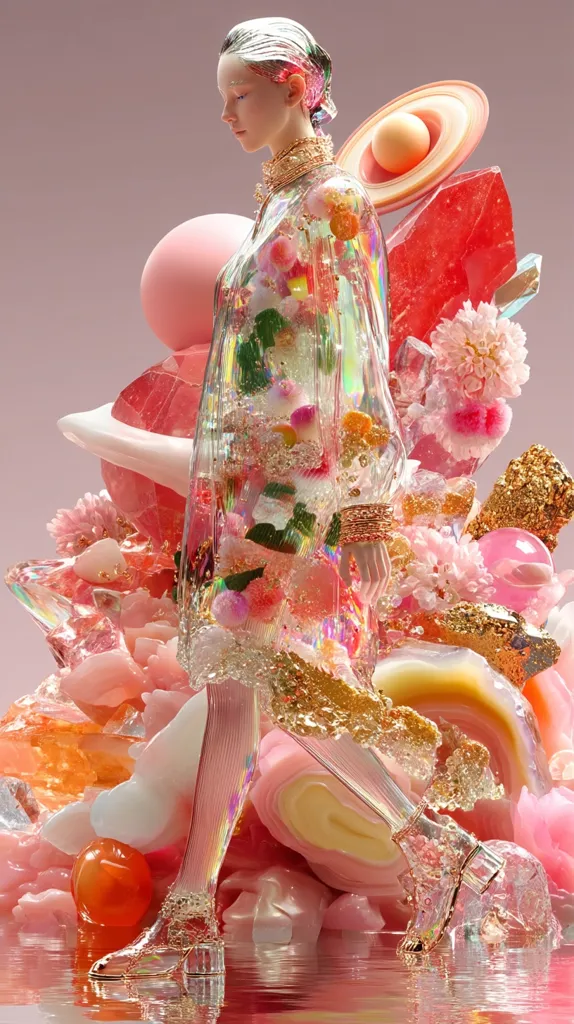 A digital rendering showcases a translucent, glass-like figure in a flowing dress adorned with colorful pom-poms. The figure, with pale skin and styled hair, stands amidst a fantastical landscape of pink and gold crystals, flowers, and swirling, iridescent textures.  The scene evokes a dreamy, surreal atmosphere, reminiscent of a fashion illustration or a whimsical artwork.  The overall aesthetic is vibrant and otherworldly.