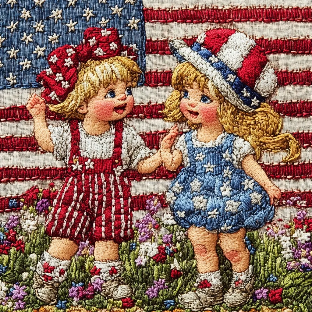A detailed embroidery depicts two toddlers, a girl in a red and white striped outfit and another in a blue and white starred dress, standing before an American flag.  Both are smiling and appear to be interacting.  Wildflowers bloom at their feet, adding to the patriotic and festive scene. The intricate needlework showcases excellent detail in clothing, hair, and floral elements.