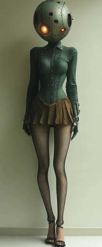 A stylized female figure stands against a muted background.  She wears a dark green corseted top, a brown pleated mini-skirt, black fishnet stockings, and black heels.  Her head is replaced by a metallic, dome-shaped helmet with glowing lights. The overall aesthetic blends futuristic elements with a vintage, slightly gothic style.
