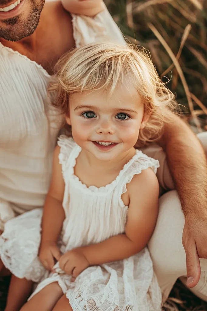 A toddler girl, with blonde hair and bright eyes, sits nestled against her father. She's wearing a delicate, white lace dress.  The father's arm gently surrounds her, showcasing a tender moment of parental affection. The setting appears to be outdoors, with a blurred background suggesting a natural, grassy area. The overall image evokes warmth and familial love.