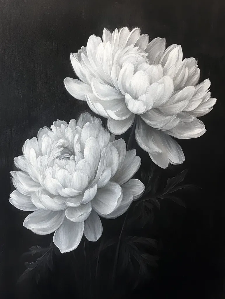 A monochromatic painting depicts two large, lush white flowers against a stark black background.  The flowers, possibly peonies or chrysanthemums, are rendered with meticulous detail, showcasing their delicate petals and subtle shading.  The contrast between the bright white blooms and the deep black backdrop creates a dramatic and elegant effect. The painting exudes a sense of quiet beauty and sophistication.
