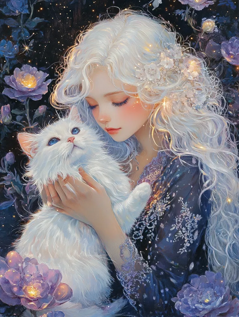 A digital painting depicts a young woman with long, flowing white hair adorned with delicate white flowers. She gently cradles a fluffy white cat with bright blue eyes.  Both are surrounded by luminous purple flowers and a dark, starry background, creating a magical and ethereal atmosphere. The woman's expression is serene and peaceful, reflecting a tender bond with her feline companion. The artwork uses soft, luminous colors and detailed textures.