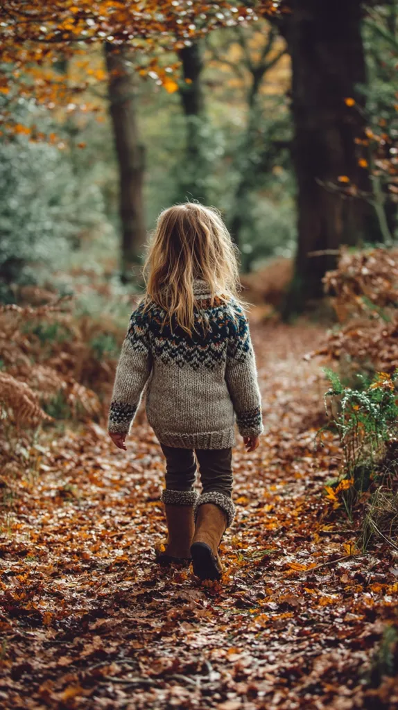 A young girl, seen from behind, walks down a leaf-covered path in an autumnal forest.  She wears a warm, patterned sweater and brown boots.  The path winds through trees with golden leaves, creating a picturesque and tranquil scene.  The focus is on the child's journey through the beautiful woodland setting.
