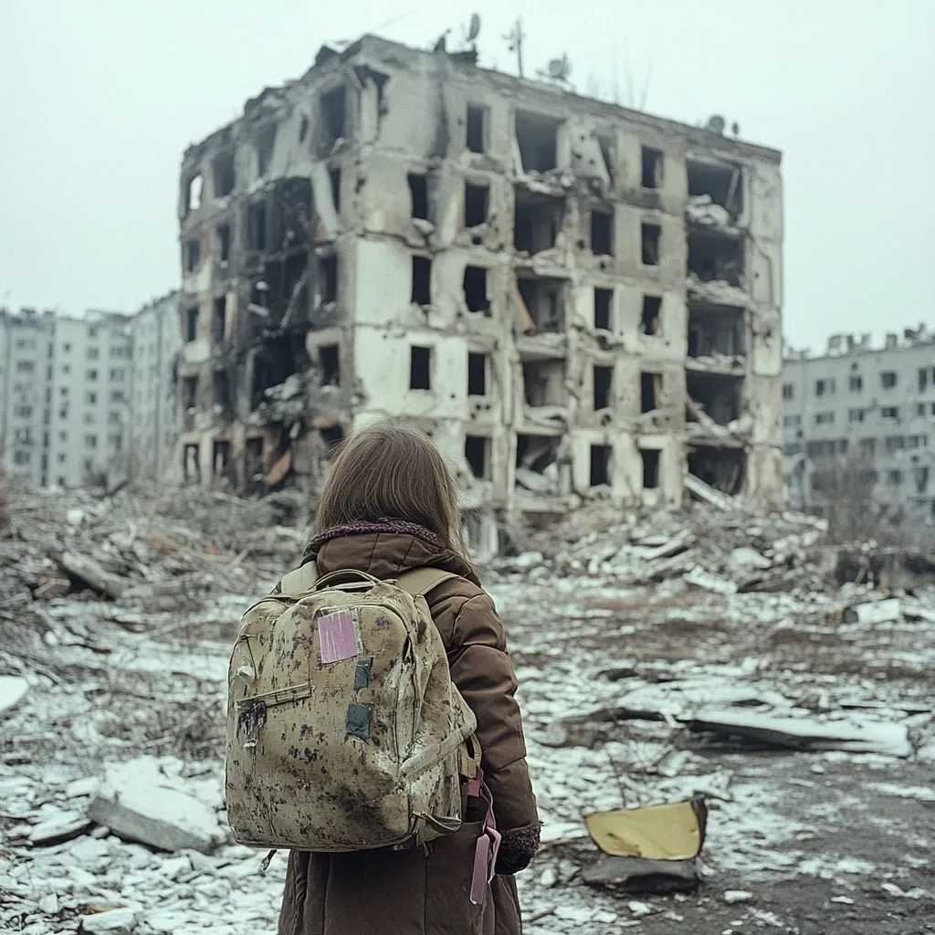 A young girl with a backpack stands amidst the rubble of a bombed-out building.  The scene is desolate and wintry, emphasizing the destruction and hardship. The girl's back is to the camera, her gaze fixed on the ruined structure.  The image powerfully conveys the aftermath of war and displacement.