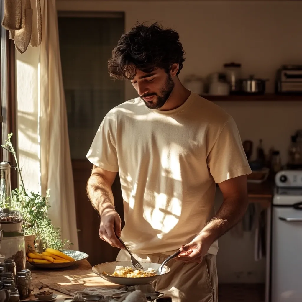 A man with dark curly hair stands in a sunlit kitchen, preparing a meal. He's wearing a light beige t-shirt and beige pants, and is attentively mixing food in a bowl with a fork and spoon.  The kitchen is warm and inviting, with various cooking ingredients and herbs visible on the counter.  The overall ambiance is calm and domestic.