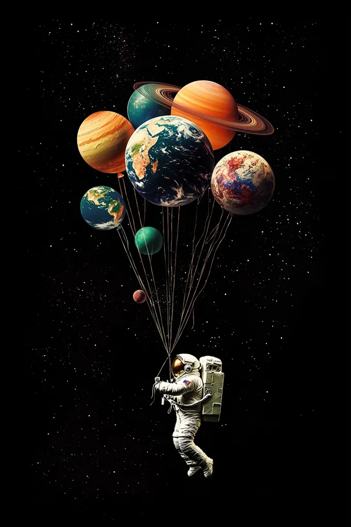 An astronaut in a spacesuit floats in the inky blackness of space, tethered to a cluster of planets acting as balloons.  The planets, vibrant and diverse, range in size and color, creating a surreal and whimsical scene against the backdrop of a star-studded sky.  The image suggests a fantastical journey or a playful interpretation of space exploration.