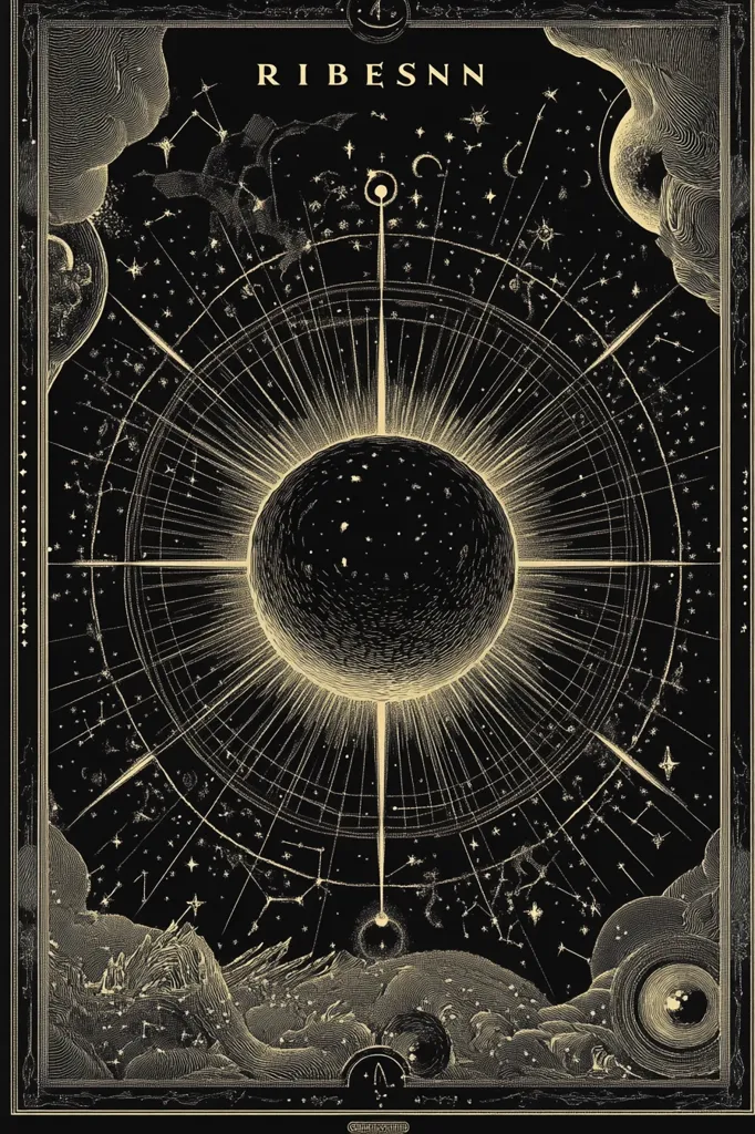 A celestial artwork titled "RIBESNN" depicts a radiant sun-like orb at the center, emitting luminous rays across a dark, star-studded backdrop.  Intricate, hand-drawn constellations and celestial bodies are meticulously arranged around the central figure. The style evokes a vintage, possibly astronomical chart or occult illustration, with a detailed and ornate border completing the piece.  The overall aesthetic is dark, elegant, and mysterious.