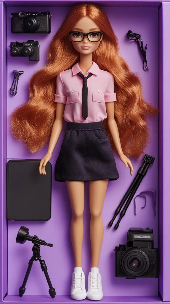 A Barbie doll, dressed in a pink shirt, black tie, and dark skirt, is surrounded by photography equipment in a purple box.  The doll has long red hair and wears glasses.  The accessories include cameras, tripods, and other photographic tools, suggesting a photographer theme.  The overall presentation is clean and stylish, with a focus on detail.