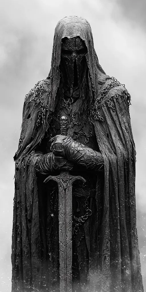 A monochrome image depicts a cloaked figure, possibly a statue or digital rendering, resembling a dark knight.  The figure is shrouded in a heavy, textured cloak adorned with chains, holding a large sword with both hands. The face is obscured by a helmet or mask, adding to the mysterious and ominous atmosphere.  The background suggests a misty or smoky environment, enhancing the overall dark and brooding mood.