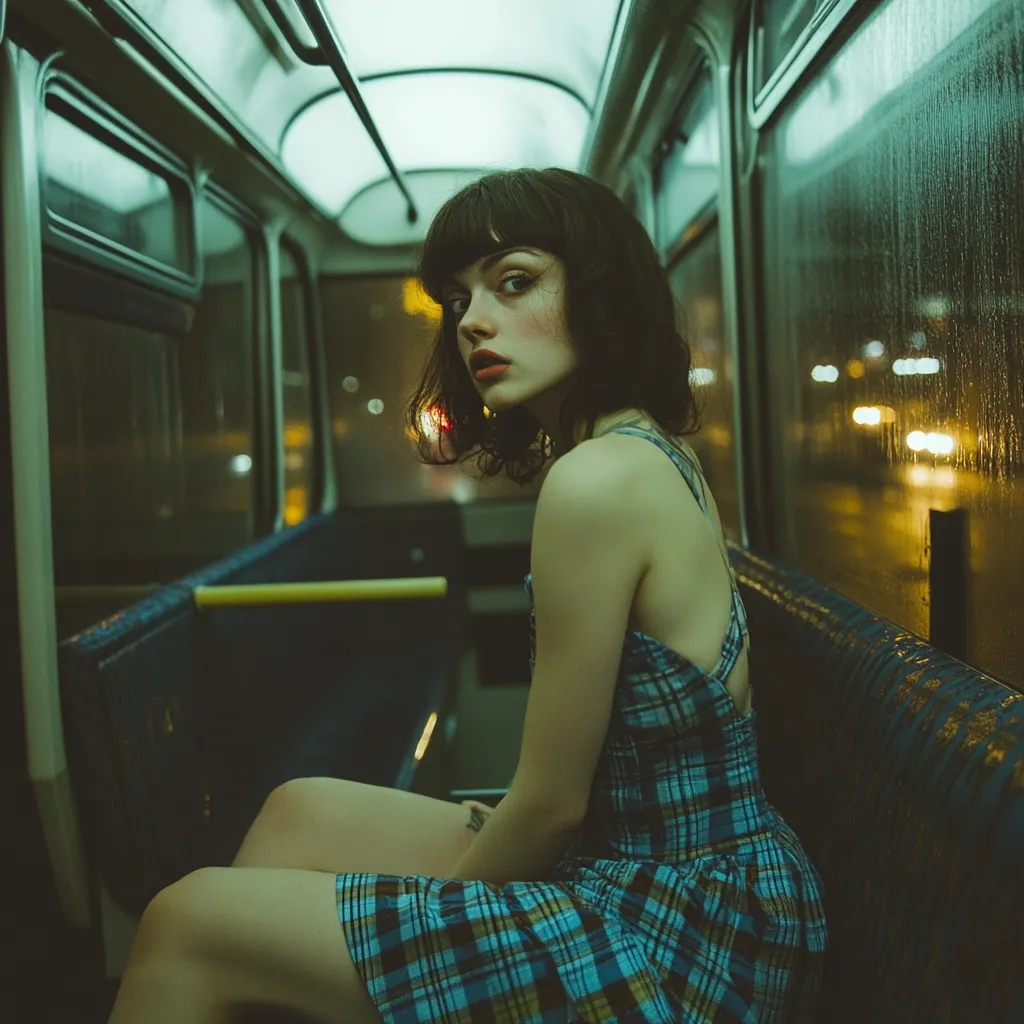 A young woman with dark bobbed hair and bangs sits on a public bus at night.  She wears a blue and green plaid dress and looks over her shoulder.  Rain streaks the bus windows, reflecting blurred city lights.  The atmosphere is moody and atmospheric, highlighting the solitude of the scene.
