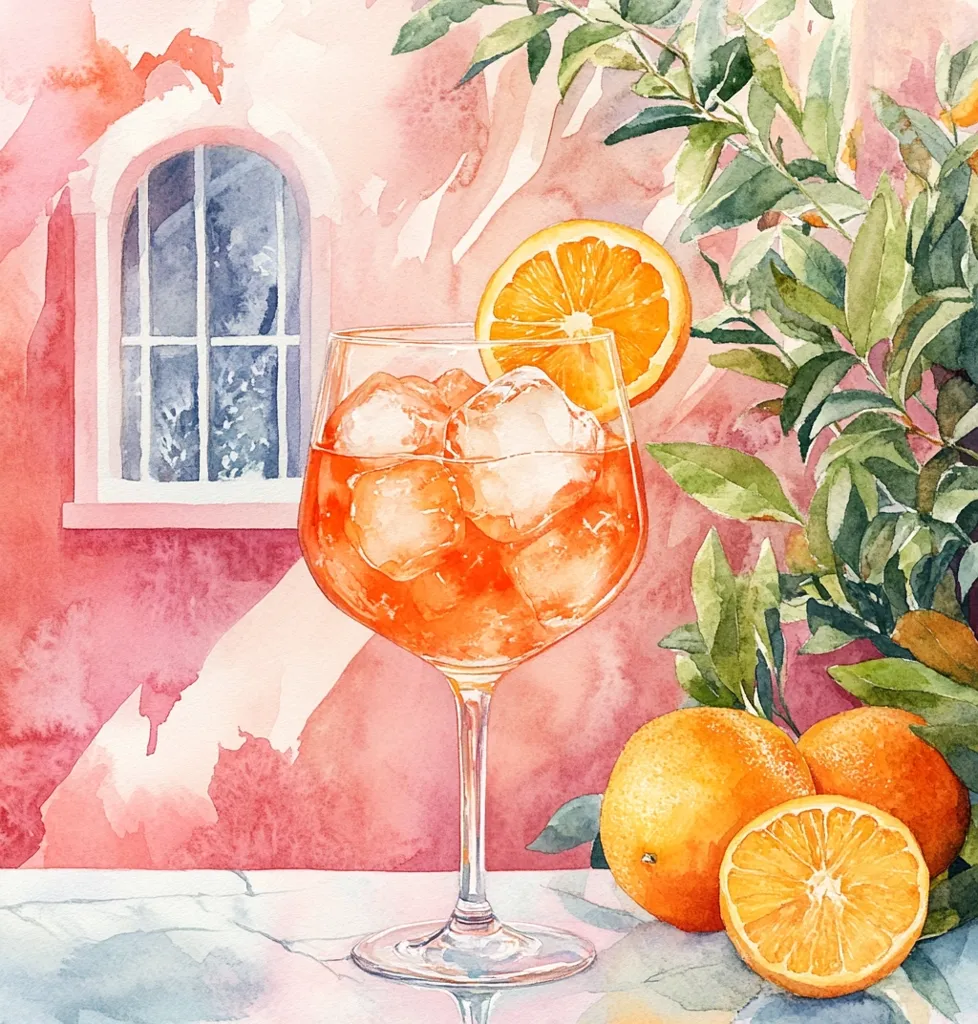 A watercolor painting depicts a refreshing Aperol Spritz.  The vibrant orange cocktail, garnished with an orange slice, sits in a stemmed glass filled with ice.  Three whole oranges and lush green foliage rest beside it on a marble surface, set against a soft pink wall with a window.  The overall style is bright and evocative of a sunny, Mediterranean setting.