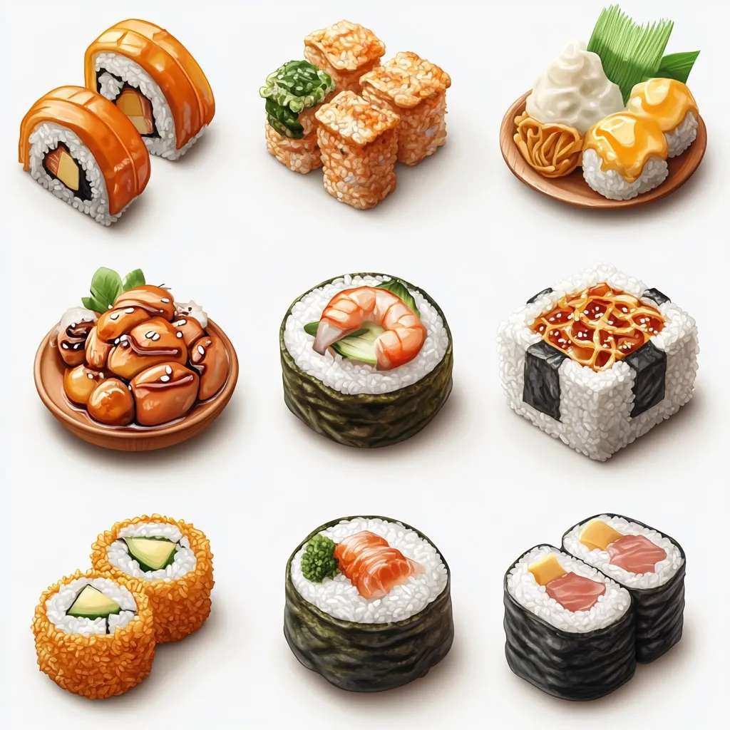 A vibrant collection of nine different sushi dishes is depicted.  These include maki rolls with various fillings like avocado, salmon, and shrimp, alongside unique square sushi, and teriyaki-glazed mushrooms.  The image showcases the diversity and deliciousness of Japanese cuisine through stylized, high-quality illustrations.  Each dish is meticulously detailed, highlighting the texture and color of the ingredients.