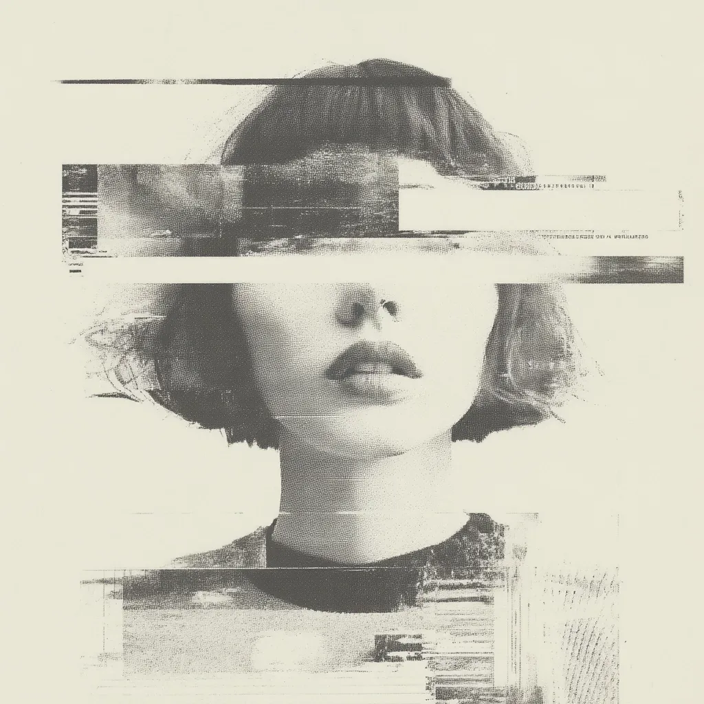 A monochromatic portrait of a woman with short hair is presented in a fragmented style.  Distorted, glitching digital effects obscure parts of her face, particularly her eyes, creating a sense of mystery and anonymity. The image's grainy texture and fragmented elements evoke a feeling of digital decay or memory loss.  The overall aesthetic is edgy and modern.