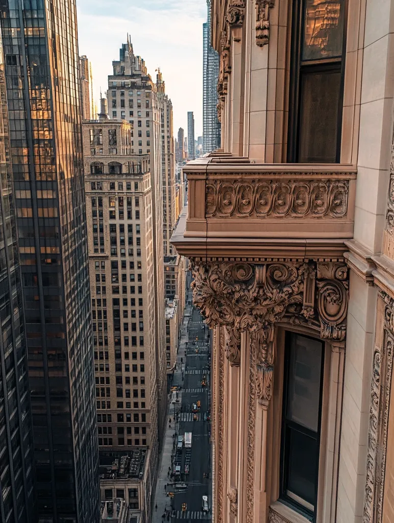 A high-angle view from a skyscraper's ornate balcony overlooks a New York City street.  Tall, slender buildings rise on either side of the road, their architectural styles ranging from modern glass towers to classic brick structures. The city street below is relatively quiet, with a few cars and pedestrians visible. The light suggests it's either early morning or late afternoon. The balcony's intricate detailing contrasts beautifully with the city's modern skyline.