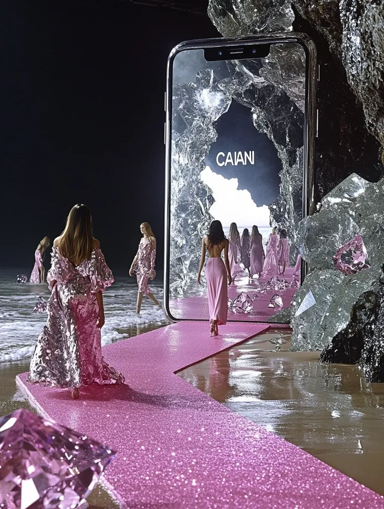 A fashion show runway, shimmering pink, extends from a giant cracked phone screen displaying the CAIANI logo. Models in flowing dresses walk towards the viewer, the backdrop a dramatic seascape with crystalline formations.  The scene is surreal and glamorous, showcasing the brand's aesthetic in a visually striking setting.