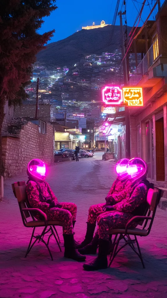 Two figures in pink, heart-shaped helmets sit on chairs in a dimly lit street.  Neon signs illuminate a hillside town at dusk, with a hilltop building visible in the background. The scene is surreal, blending futuristic elements with a traditional, possibly Middle Eastern, setting. The overall ambiance is mysterious and captivating.