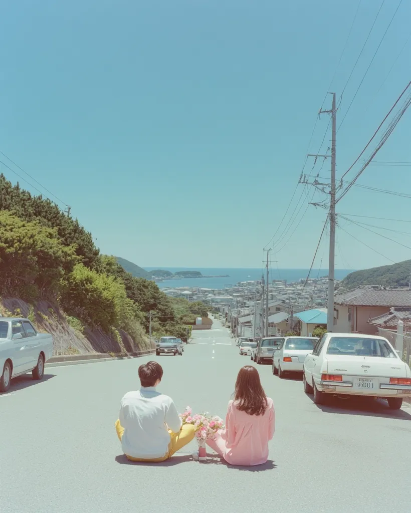 A young couple sits on an empty road overlooking a coastal town.  The pastel-toned image shows them sitting back-to-back, a bouquet of flowers between them.  Several parked cars line the street, leading down towards the ocean visible in the distance under a clear blue sky. The scene evokes a peaceful, romantic atmosphere.