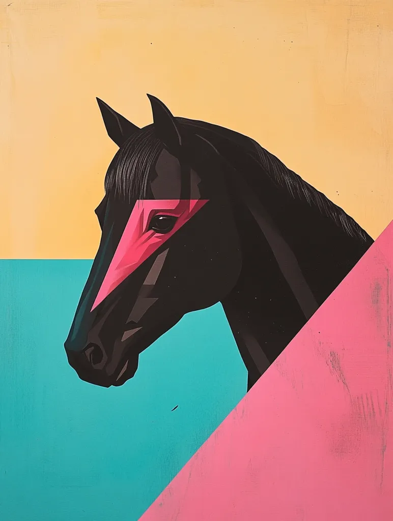 A stylized artwork features a black horse's head, its face partially covered by a vibrant pink, geometric mask.  The horse is positioned against a backdrop of bold, contrasting colors: pastel yellow at the top, transitioning to teal, then a sharp pink diagonal at the bottom. The style is graphic and bold, with clean lines and flat color.  The overall effect is a striking blend of minimalist design and animal portraiture.