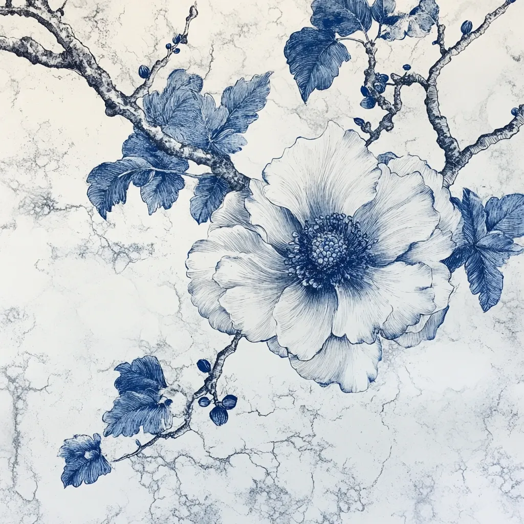 A detailed pen-and-ink drawing showcases a large, delicate flower in shades of blue against a textured, off-white background resembling marble.  The flower, possibly a poppy or anemone, is rendered with fine lines, capturing its intricate details.  It blooms from a branch adorned with smaller leaves and buds, all in the same blue hue, creating a visually striking contrast against the background's subtle veining. The style evokes a sense of elegance and classic botanical illustration.