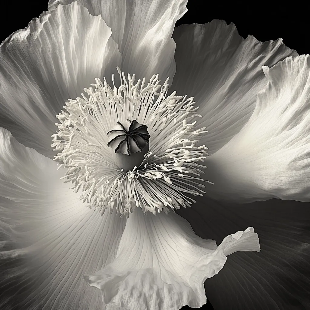 A close-up black and white photograph showcases the intricate details of a poppy blossom.  Delicate, paper-thin petals radiate from the center, revealing the flower's reproductive structures in stark contrast. The image emphasizes texture and light, creating a dramatic and elegant portrayal of the bloom against a dark background.  The fine details of the petals and stamen are sharply defined.