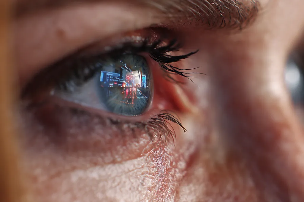 A close-up of a person's eye, revealing a vibrant reflection of a city street at night.  The iris displays blurred lights and buildings, creating a captivating contrast with the intricate details of the eyelashes and skin texture.  The image focuses sharply on the eye, blurring the surrounding face.