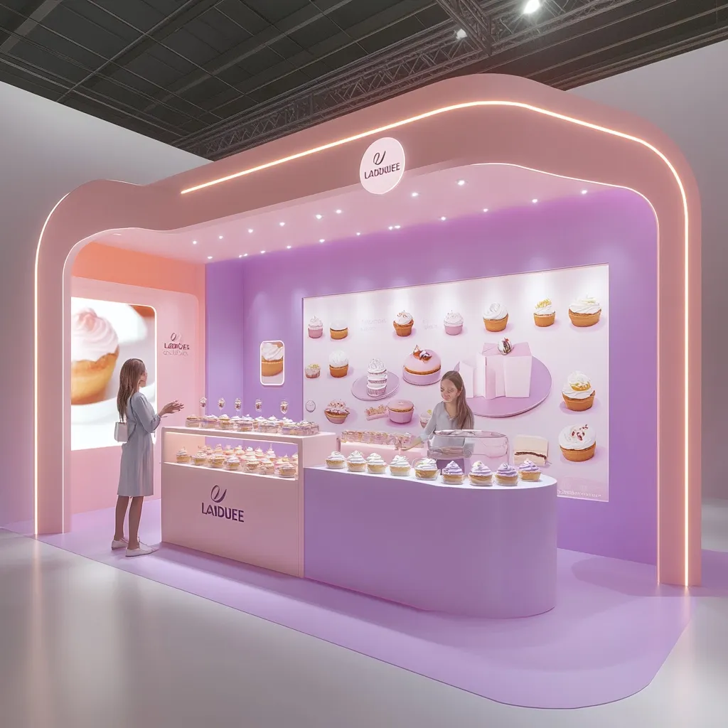 A modern, pastel-purple and pink cupcake shop kiosk.  The booth features sleek, curved lines and LED lighting.  Displays showcase a variety of decorated cupcakes.  A young woman stands at the counter, while another browses the selection. The brand name "Laiduee" is prominently displayed.  The overall aesthetic is clean, inviting, and visually appealing.