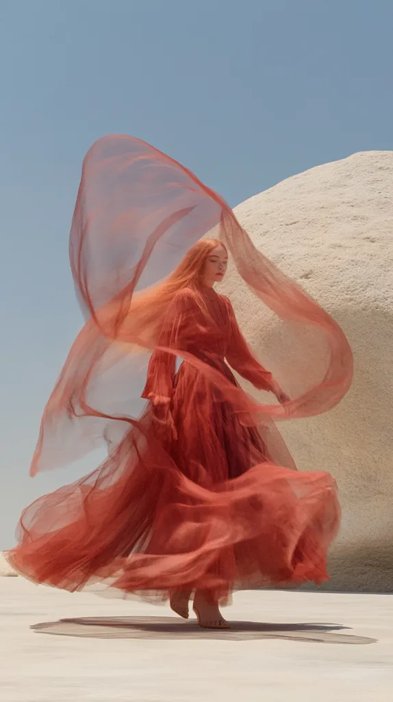 A woman with long, flowing auburn hair wears a flowing terracotta-colored gown.  The sheer fabric billows dramatically around her as she stands against a large, pale, smooth rock formation under a clear blue sky. The scene evokes a sense of ethereal beauty and freedom.