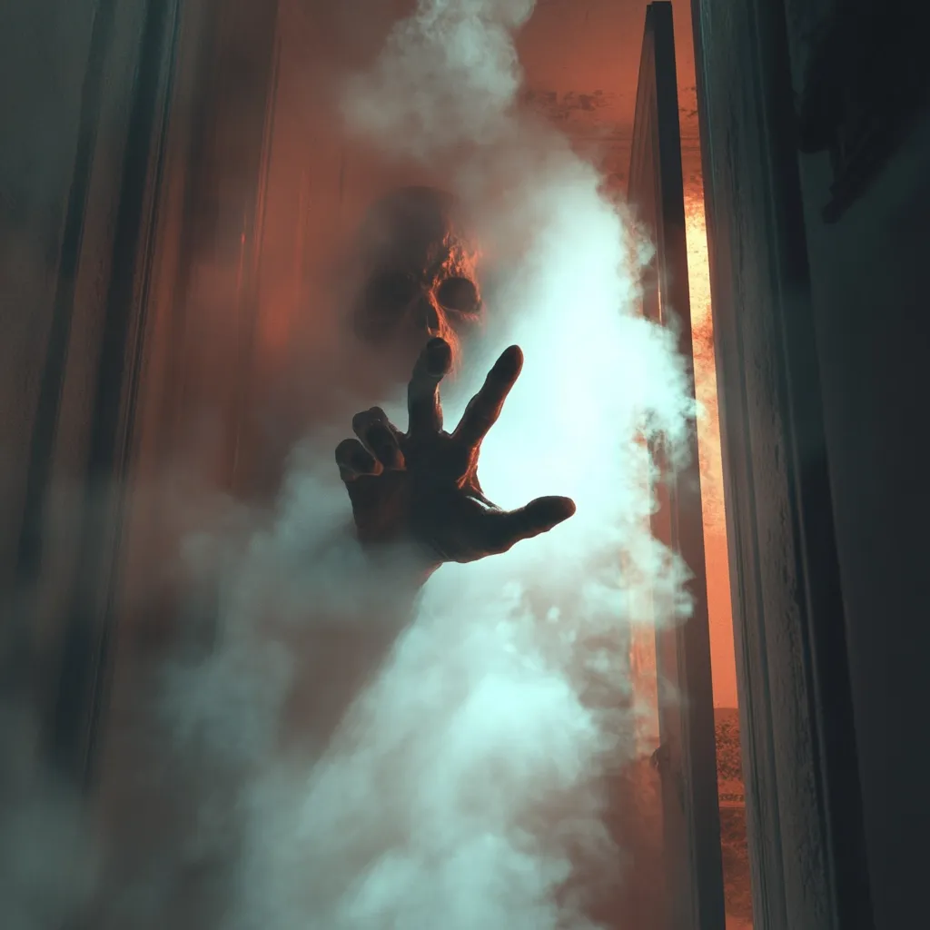 A skeletal figure emerges from a smoky doorway, its hand reaching out.  The scene is shrouded in a teal and orange mist, creating a chilling, surreal atmosphere.  The skeletal face is partially obscured, adding to the mystery and horror of the image.  The overall effect is one of dread and impending danger.