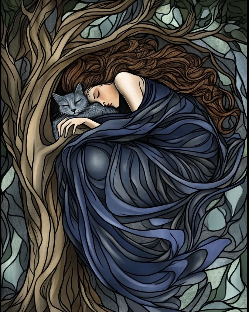 A stylized illustration depicts a woman with long brown hair, draped in a flowing blue robe, sleeping peacefully against the trunk of a large tree.  A gray cat rests nestled close to her. The artwork is reminiscent of stained glass, with bold outlines and shaded color blocks creating a dreamlike, ethereal atmosphere.  The scene evokes a sense of tranquility and connection with nature.