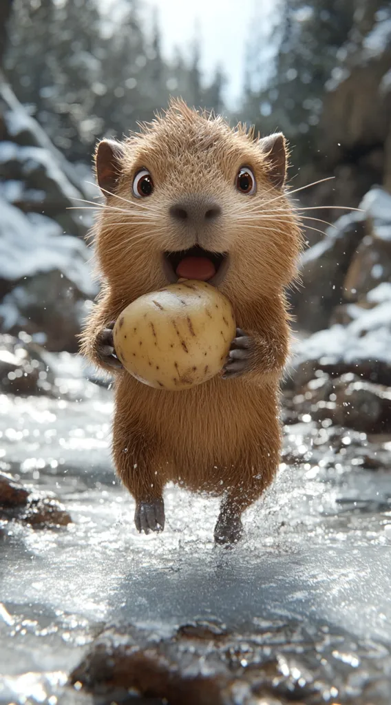 A cute, cartoonish capybara joyfully runs through a shallow, icy stream.  Its fur is light brown, and it holds a large potato in its paws. The background is a blurry winter scene of snow-dusted rocks and trees. The capybara's expression is one of pure delight.