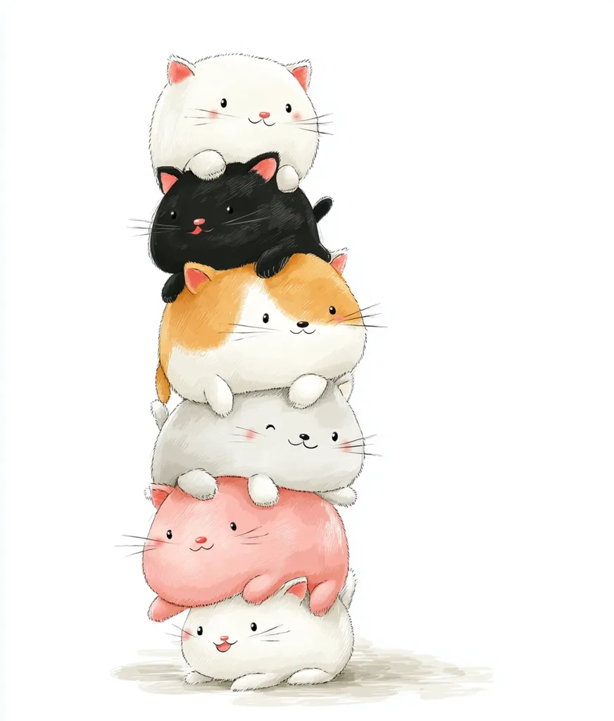 A stack of six adorable cartoon cats, each with a unique color and expression, is playfully piled on top of one another.  The cats are round and fluffy, creating a charming and whimsical image. The top cat is white, followed by black, orange, gray, pink, and finally, a bottom cat that is white. The illustration is simple yet endearing.