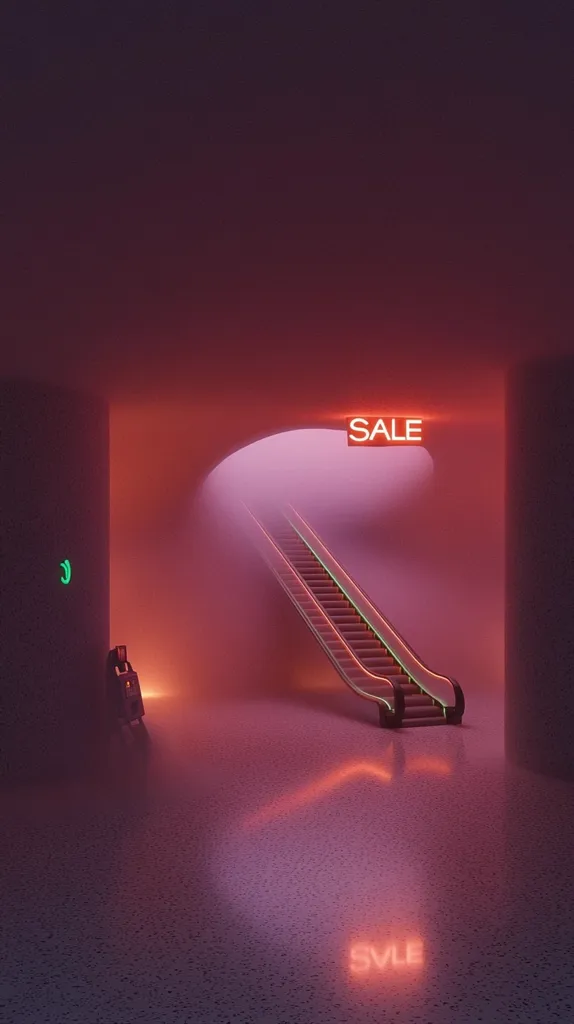 A digital rendering depicts a futuristic, dimly lit hallway bathed in a hazy red glow.  A neon "SALE" sign hangs above an escalator leading into a rounded tunnel.  The floor reflects the neon light, creating a mirrored effect. The overall atmosphere is surreal and somewhat melancholic, with a retro-futuristic aesthetic. A small object sits near the wall on the left.