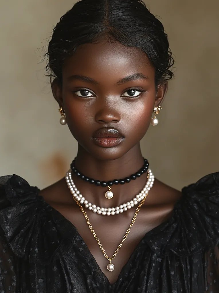 A young Black woman with dark eyes and styled hair wears a black dress with ruffled shoulders.  She's adorned with elegant jewelry: pearl drop earrings, a black beaded choker, a double-strand pearl necklace, and a delicate gold chain with a small pearl pendant. The image is a close-up portrait, emphasizing her striking features and the contrast between her dark skin and the light-colored pearls.