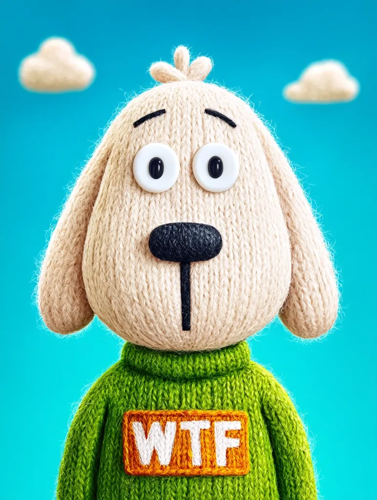 A knitted dog wearing a green sweater with "WTF" embroidered on it stares blankly ahead against a bright blue sky with fluffy white clouds.  The dog's large, round eyes and neutral expression create a humorous contrast with the bold lettering on its sweater. The image is rendered in a 3D style, emphasizing the texture of the yarn.