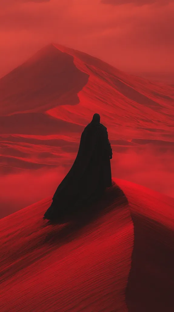 A lone figure, cloaked in black, stands atop a crimson sand dune.  The vast, red landscape stretches out under a similarly colored sky, creating a dramatic and almost otherworldly scene.  The figure's silhouette is stark against the intense hue of the desert, emphasizing their isolation and the imposing scale of the environment.  The overall atmosphere is one of mystery and solitude.
