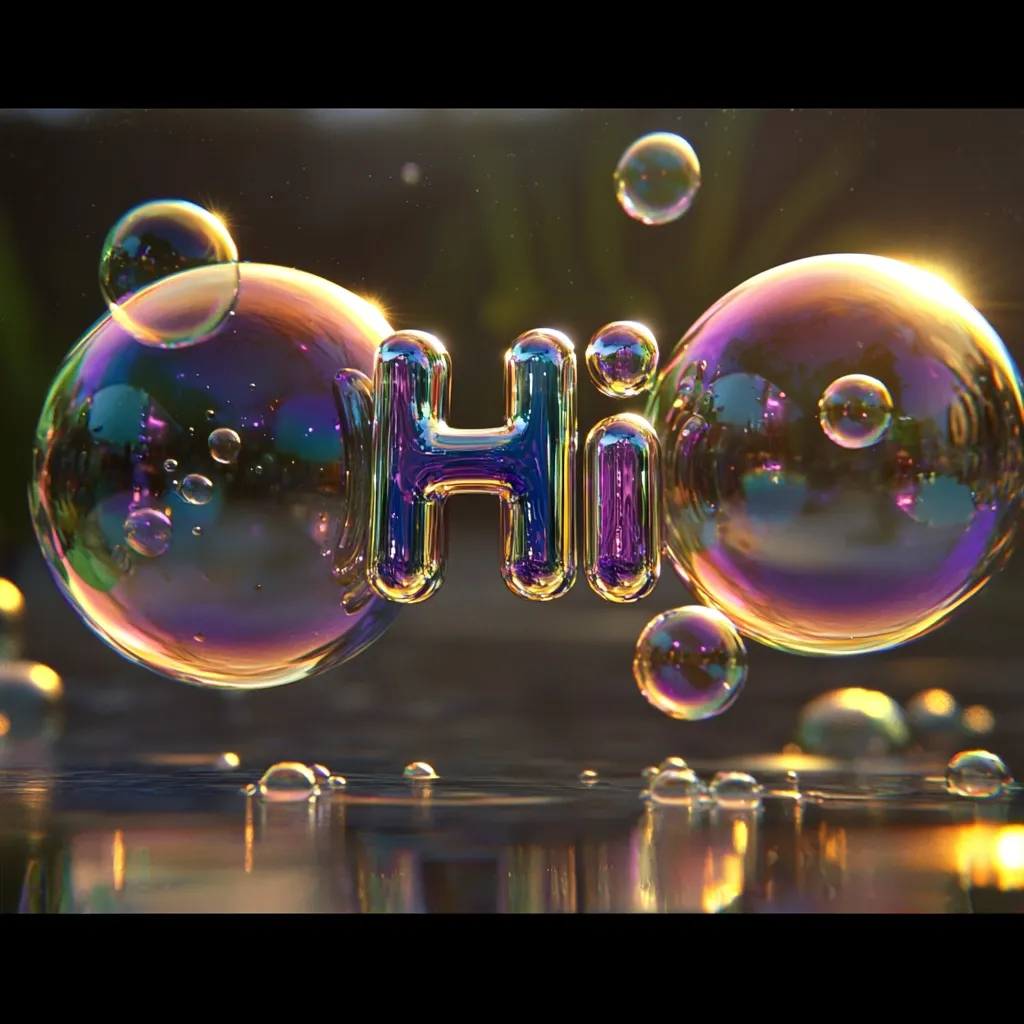 The word "Hi" is rendered in iridescent, metallic letters, nestled between two large, shimmering soap bubbles.  Smaller bubbles float around them, creating a whimsical, otherworldly scene.  The background is softly blurred, focusing attention on the vibrant, reflective bubbles and the central greeting.  The overall effect is playful and visually captivating.