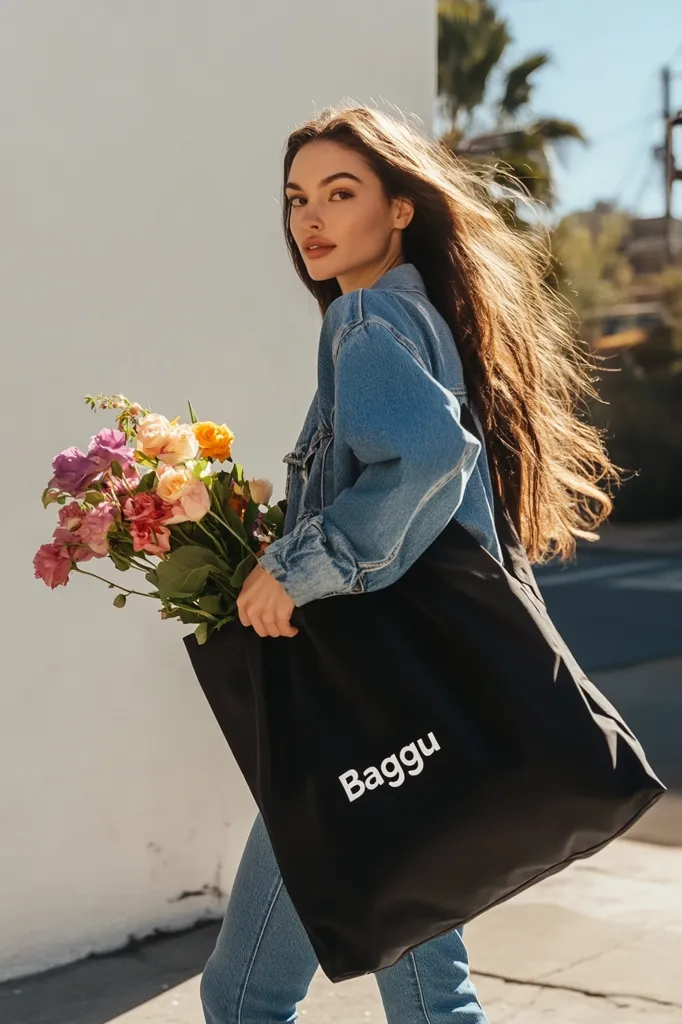 A young woman with long brown hair, wearing a denim jacket and jeans, carries a black Baggu tote bag filled with a vibrant bouquet of flowers.  Sunlight illuminates her from behind, highlighting her hair and the flowers. She looks over her shoulder, offering a captivating gaze. The scene is set against a light-colored wall and a sunny street.