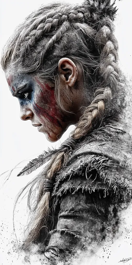A grayscale portrait of a woman with a warrior's aesthetic.  Her face is partially obscured by dust or ash, and she is adorned with red and white war paint.  Her hair is intricately braided, and she wears a rough, textured garment.  A single feather rests on her shoulder, enhancing the image's gritty, dramatic feel. The style evokes a sense of strength and resilience.