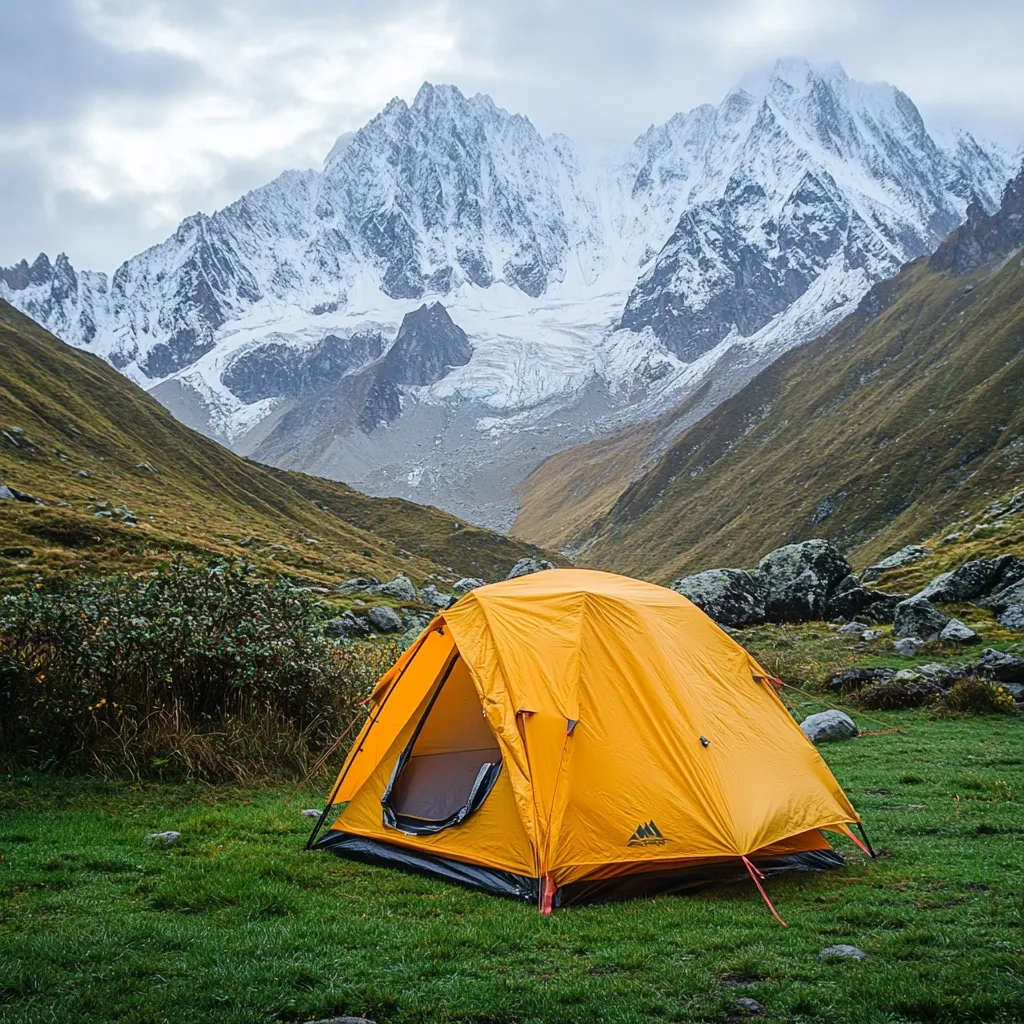 A vibrant orange tent sits nestled in a verdant alpine meadow, its backdrop a majestic, snow-capped mountain range under a cloudy sky.  The scene evokes a sense of peaceful solitude and adventure in a remote, mountainous region. The tent appears small in comparison to the vast, imposing peaks.  The overall atmosphere is serene and dramatic.