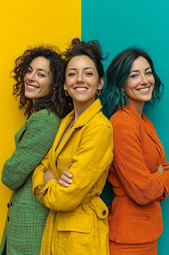 Three women stand back-to-back against a yellow and teal background.  They are stylishly dressed in bright, coordinating colors: green, mustard yellow, and burnt orange.  Each woman has her arms crossed, confidently posing for the camera. Their smiles and vibrant attire create a cheerful and energetic image.