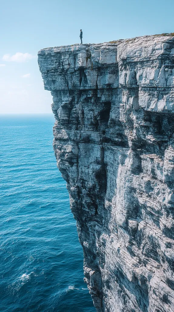 A lone figure stands at the edge of a dramatic cliff overlooking a vast, deep blue ocean. The cliff face is composed of layered, light gray rock, showing signs of erosion and weathering.  The scene is peaceful yet evokes a sense of vastness and the power of nature. The sky is clear and bright, contrasting with the deep blue of the water.