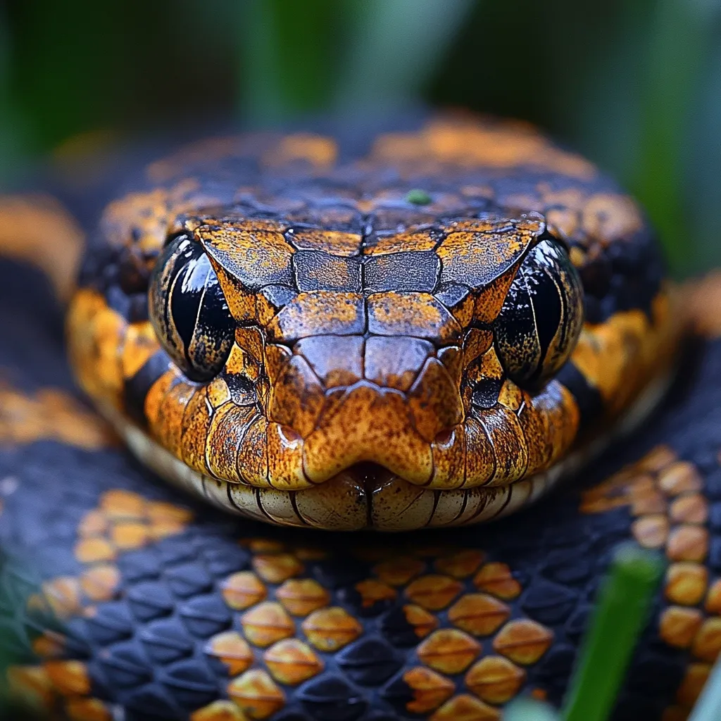 A close-up reveals a snake's head, its scales a mosaic of dark and burnt orange.  The snake's dark eyes are captivating, focused directly on the viewer. Its textured skin and slightly open mouth are sharply defined against a blurred background of green grass. The image emphasizes the reptile's intricate details and intense gaze.