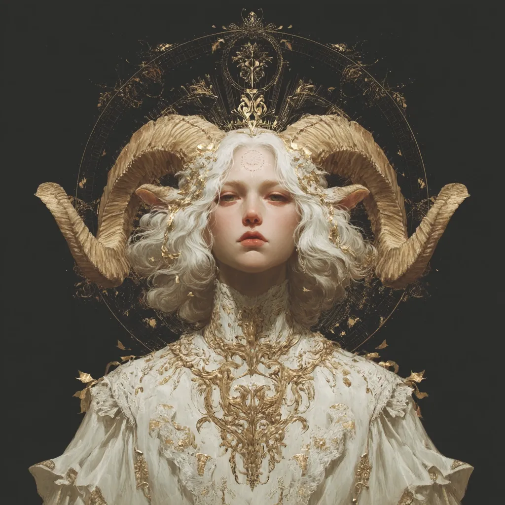 A portrait of a woman with ram horns and long white hair. She wears an ornate, cream-colored gown adorned with gold detailing.  A golden celestial-like crown encircles her head. Her expression is serene and melancholic, against a dark background, creating a mystical and ethereal atmosphere.  The image is highly detailed and rich in texture, suggesting a fantasy or mythical creature.