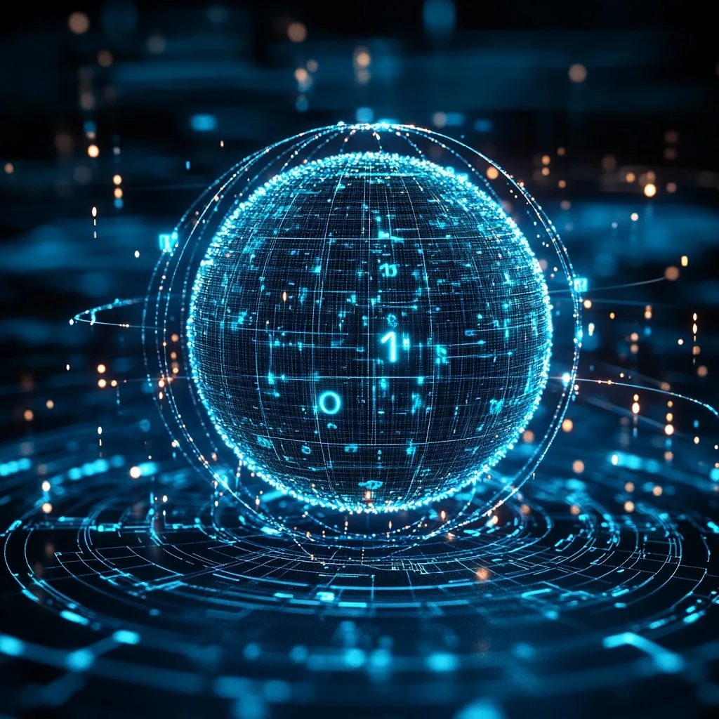 A glowing blue sphere, composed of interconnected lines and binary code, floats in a dark digital space.  The sphere is surrounded by concentric rings of light and data streams, suggesting a complex network or global data flow.  The overall impression is one of advanced technology, interconnectedness, and the digital age.