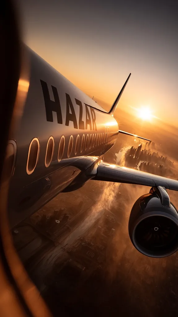 A Hazar Airlines plane soars through a sunset sky.  The aircraft's fuselage, marked with the airline's name, gleams in the golden light.  Below, a city's sprawling landscape is visible, bathed in the warm hues of dusk.  The image captures a dramatic perspective from within the plane, emphasizing the scale of the flight and the beauty of the setting.