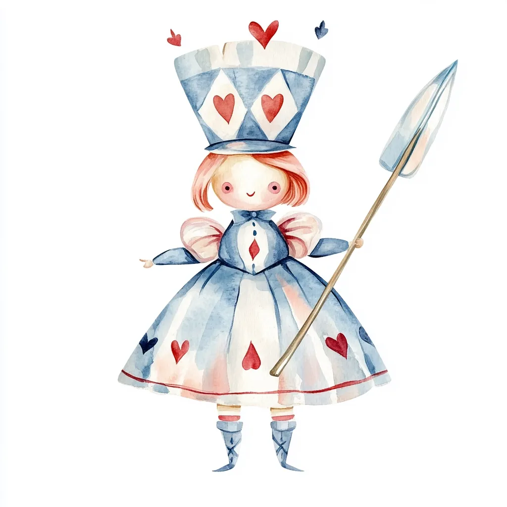 A watercolor illustration depicts a whimsical, stylized Queen of Hearts.  She wears a blue and white dress adorned with red hearts, a tall, patterned hat, and holds a long spear. Her short, light-red hair and cheerful expression add to her charming, fairytale-like appearance.  The overall style is delicate and evokes a childlike sense of wonder.