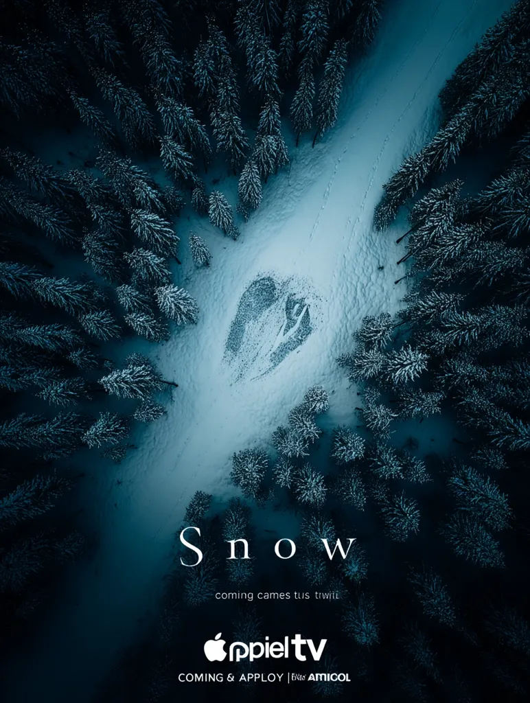 An aerial shot showcases a snow-covered forest at twilight.  A heart shape is subtly formed in the snow, possibly by footprints. The dark, snow-laden trees contrast sharply with the lighter snow.  The word "Snow" is prominently displayed, along with the Apple TV logo and the tagline "coming soon."  The overall aesthetic is moody and atmospheric.