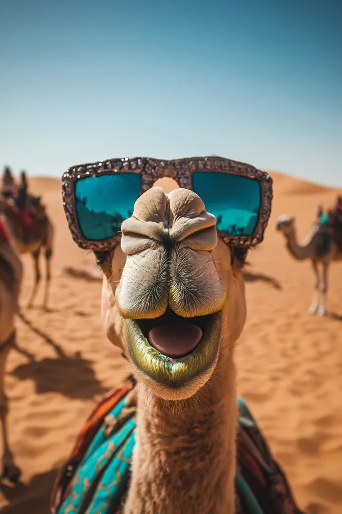 A camel, wearing large blue sunglasses, smiles broadly in a desert setting.  Its lips appear to be painted a goldish-green.  Other camels are visible in the background, suggesting a caravan or tour. The scene is sunny, and the sand is a warm, golden hue.  The overall impression is humorous and playful.