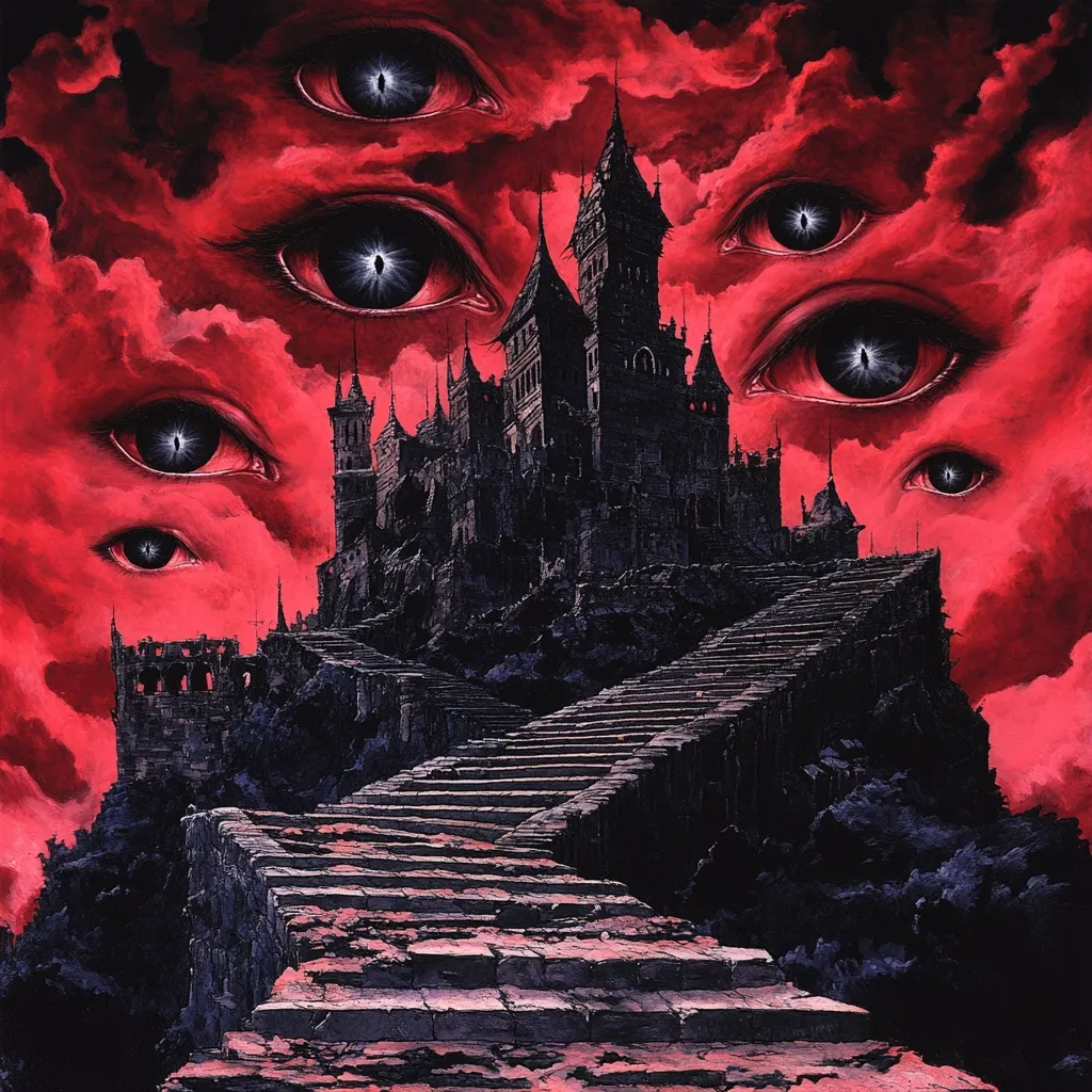 A dark, gothic castle sits atop a hill, accessed by a long, winding staircase.  The ominous structure is framed by a blood-red sky filled with numerous large, watchful eyes, creating a surreal and unsettling atmosphere. The overall tone is one of dread and mystery, suggestive of a nightmarish or supernatural setting.  The castle appears aged and decaying, adding to the sense of foreboding.