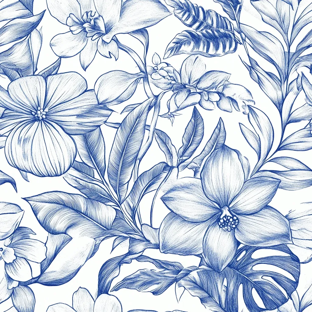 A seamless pattern of intricately drawn tropical flowers and foliage in shades of blue on a white background.  The detailed pencil-like style showcases various blossoms, including orchids and magnolias, alongside lush leaves, creating a vibrant and elegant botanical print.  The design is reminiscent of vintage botanical illustrations, suitable for textiles or wallpaper.